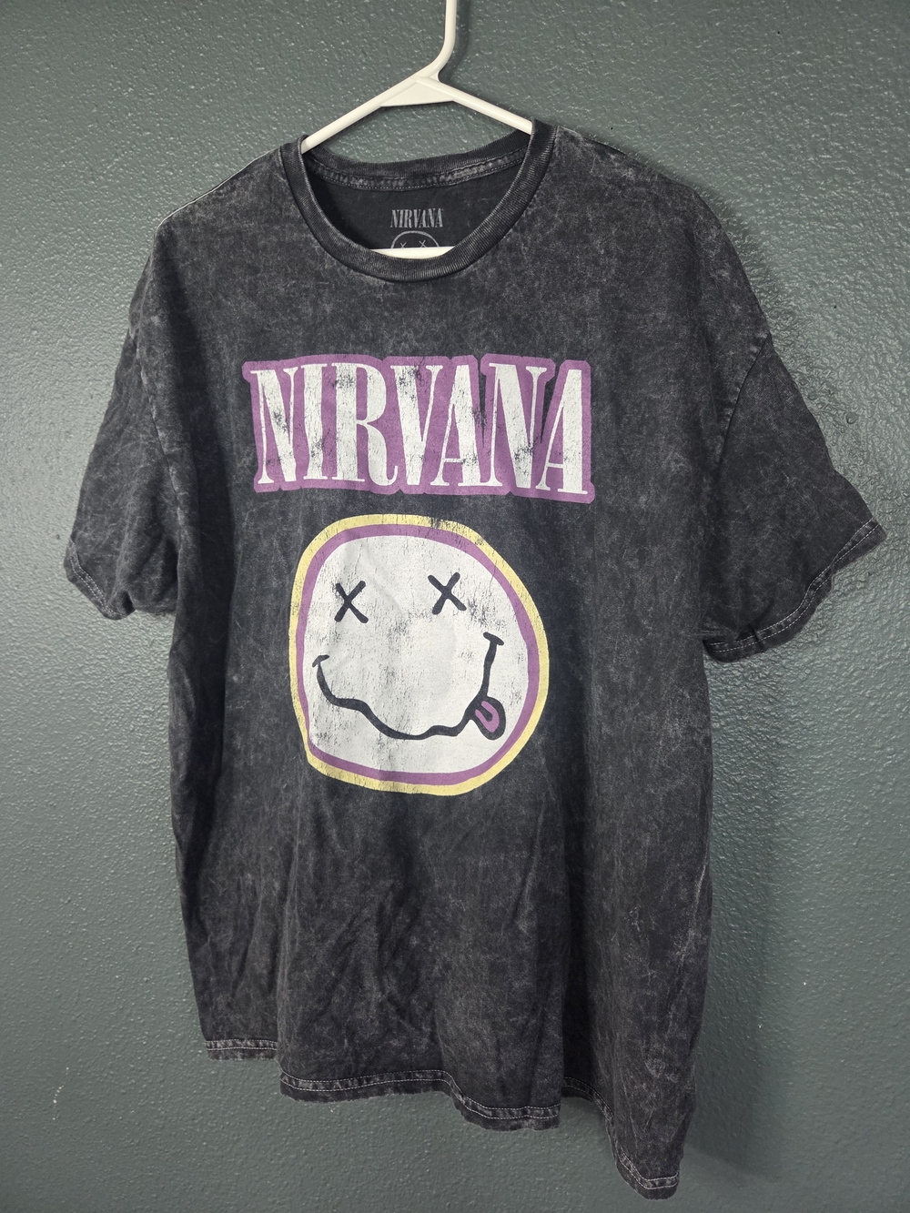 Nirvana Band Tee Charcoal Grey Smiley Face Graphic T-Shirt Mineral Wash XL - Picture 3 of 5